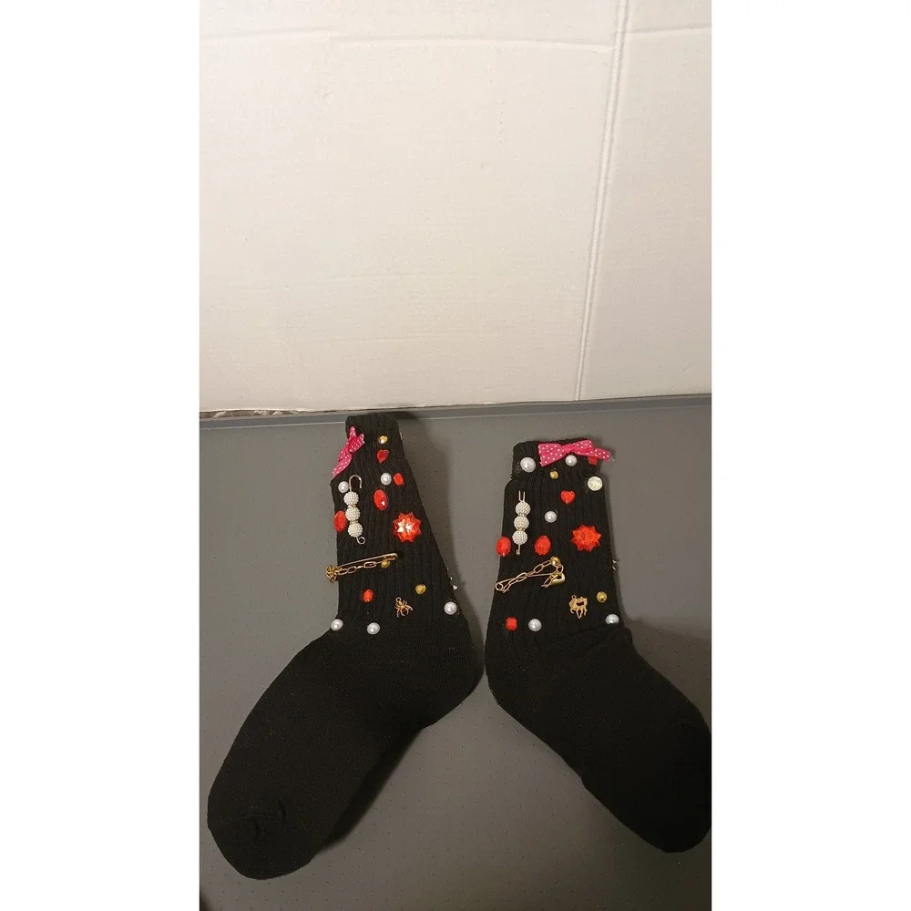 Embellished Crew Socks Womens OS Black Good DIY Kitsch Maximalist